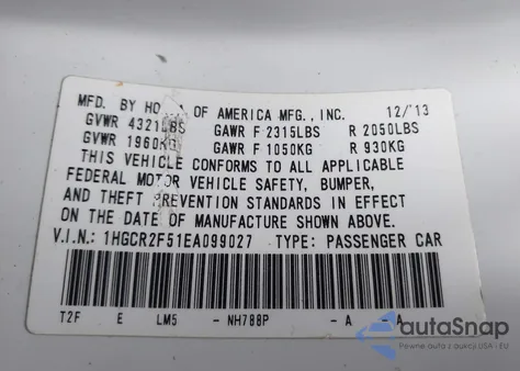 2014 Honda Accord Sport из США, поврежденный, VIN 1HGCR2F51EA099027